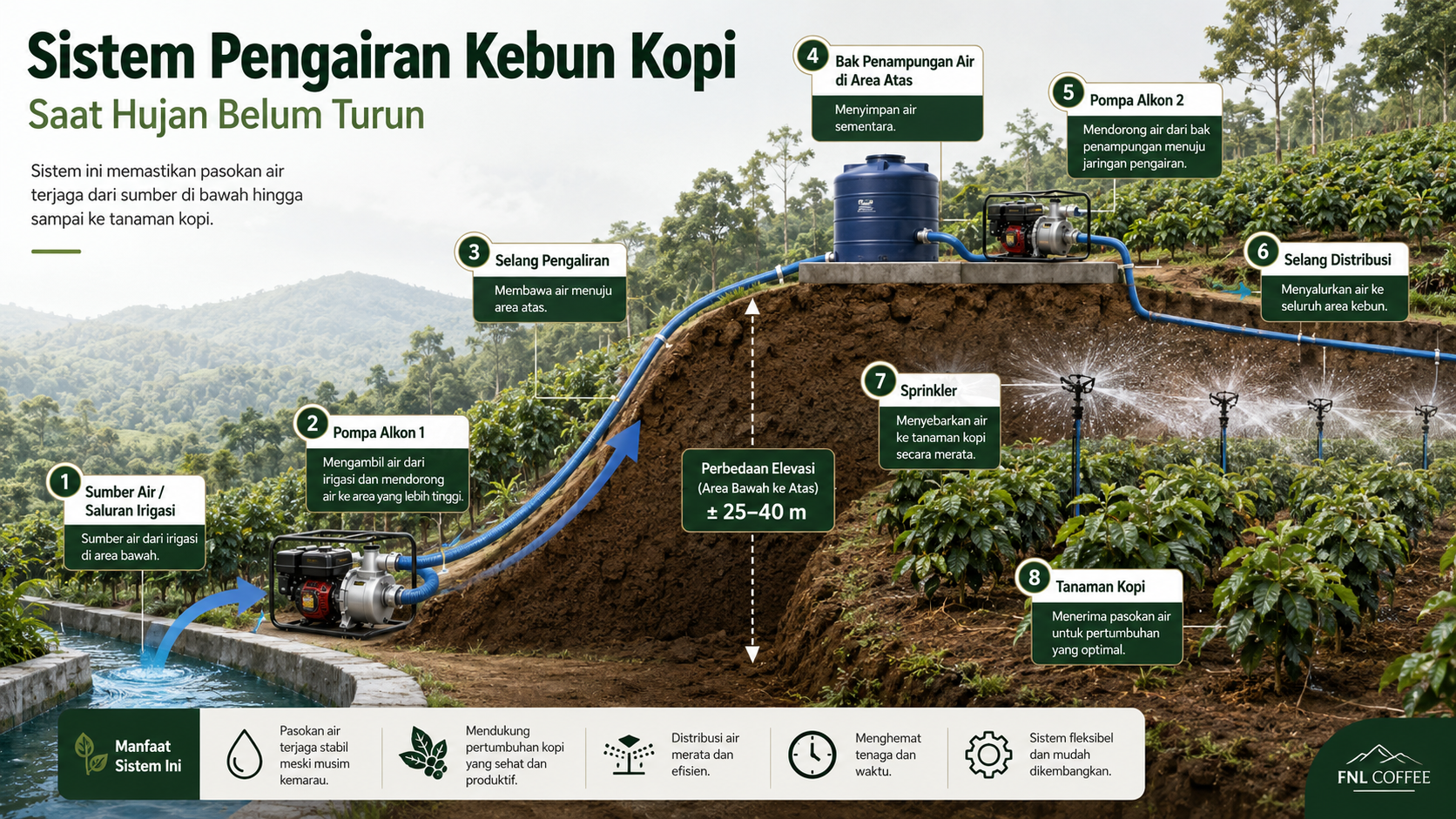 Skema Sistem Pengairan Kebun Kopi Temanggung: Irigasi ke Pompa Alkon, Penampungan, dan Sprinkler